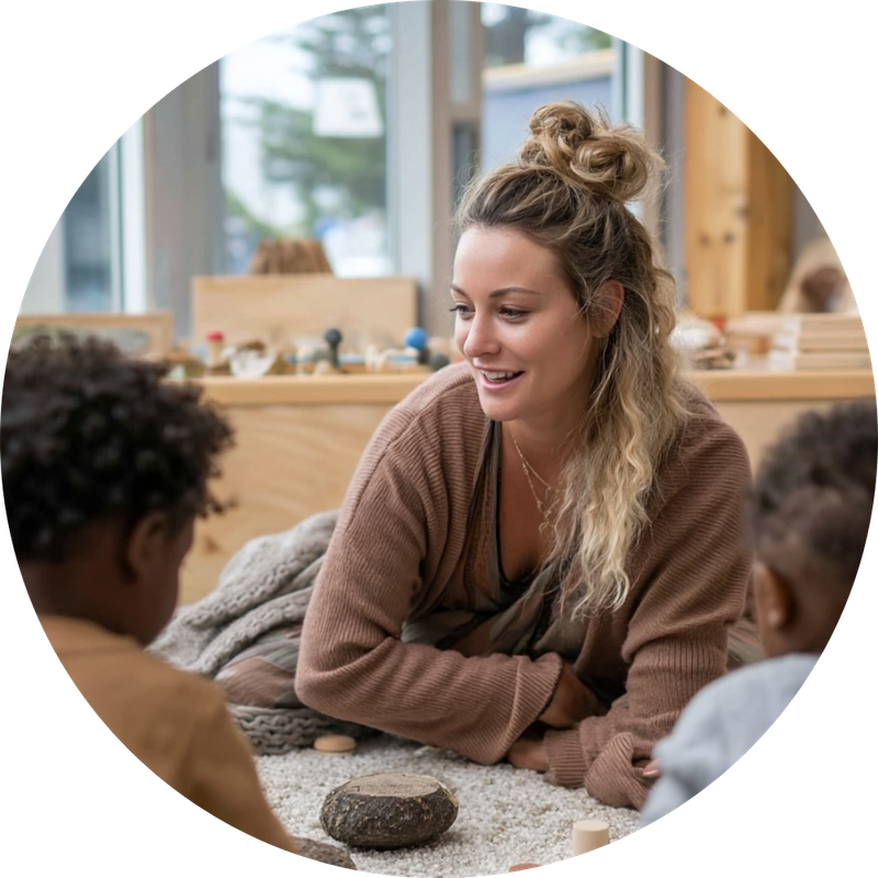 Assistante petite enfance avec des enfants dans une salle lumineuse – formation Petite Enfance Adalia School