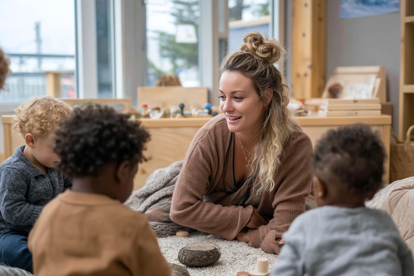 Assistante petite enfance jouant avec des enfants dans une salle lumineuse – formation Petite Enfance Adalia School