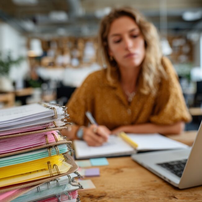 Jeune femme organisant son planning de formation en alternance avec un ordinateur portable et des dossiers, dans un bureau lumineux.