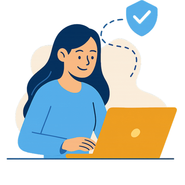 Illustration d’une jeune professionnelle travaillant sur ordinateur avec un symbole de validation – Formation Ressources Humaines Adalia